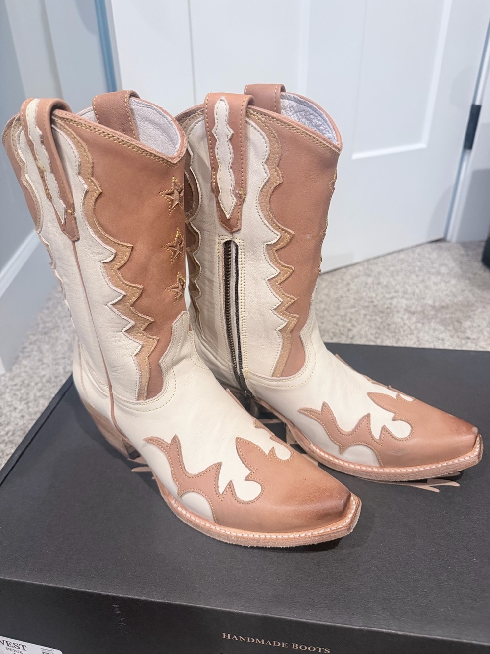 freebird Cream and Tan Western Lace-Up Zip Heeled Boots - Picture 7 of 10